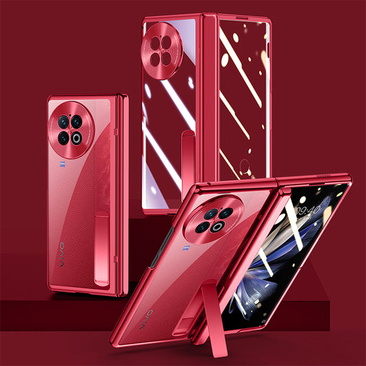For vivo X Fold2 Hinge Protection PC Phone Case Kickstand Electroplating Clear Cover with Tempered Glass Film