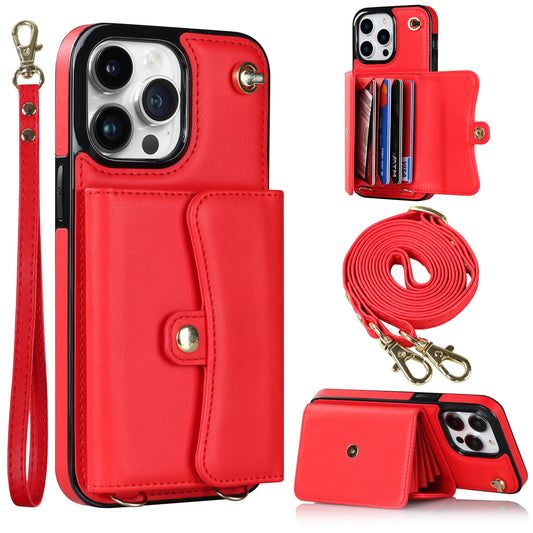 For iPhone 12 Pro Max Card Slots Phone Case PU Leather+TPU RFID Blocking Kickstand Cover with Short +Long Straps