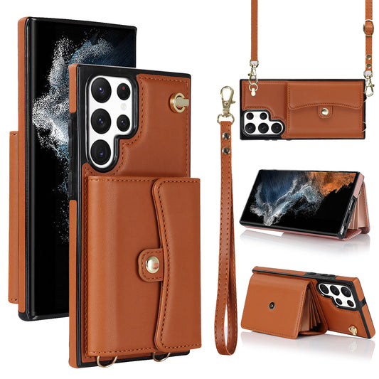 For Samsung Galaxy S22 Ultra 5G PU Leather+TPU Phone Case Card Slots RFID Blocking Kickstand Cover with Short+Long Straps