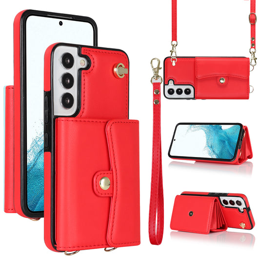 For Samsung Galaxy S22 5G Card Slots Phone Shell PU Leather+TPU Phone Case Kickstand Cover with Short+Long Straps