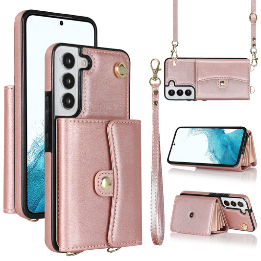 For Samsung Galaxy S22+ 5G Kickstand Cell Phone Case Card Slots PU Leather+TPU Shell Cover with Short+Long Straps