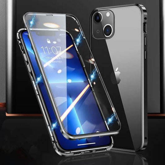 Phone Case for iPhone 15 Plus Magnetic Adsorption Metal Frame + Double-sided Tempered Glass Clear Phone Cover