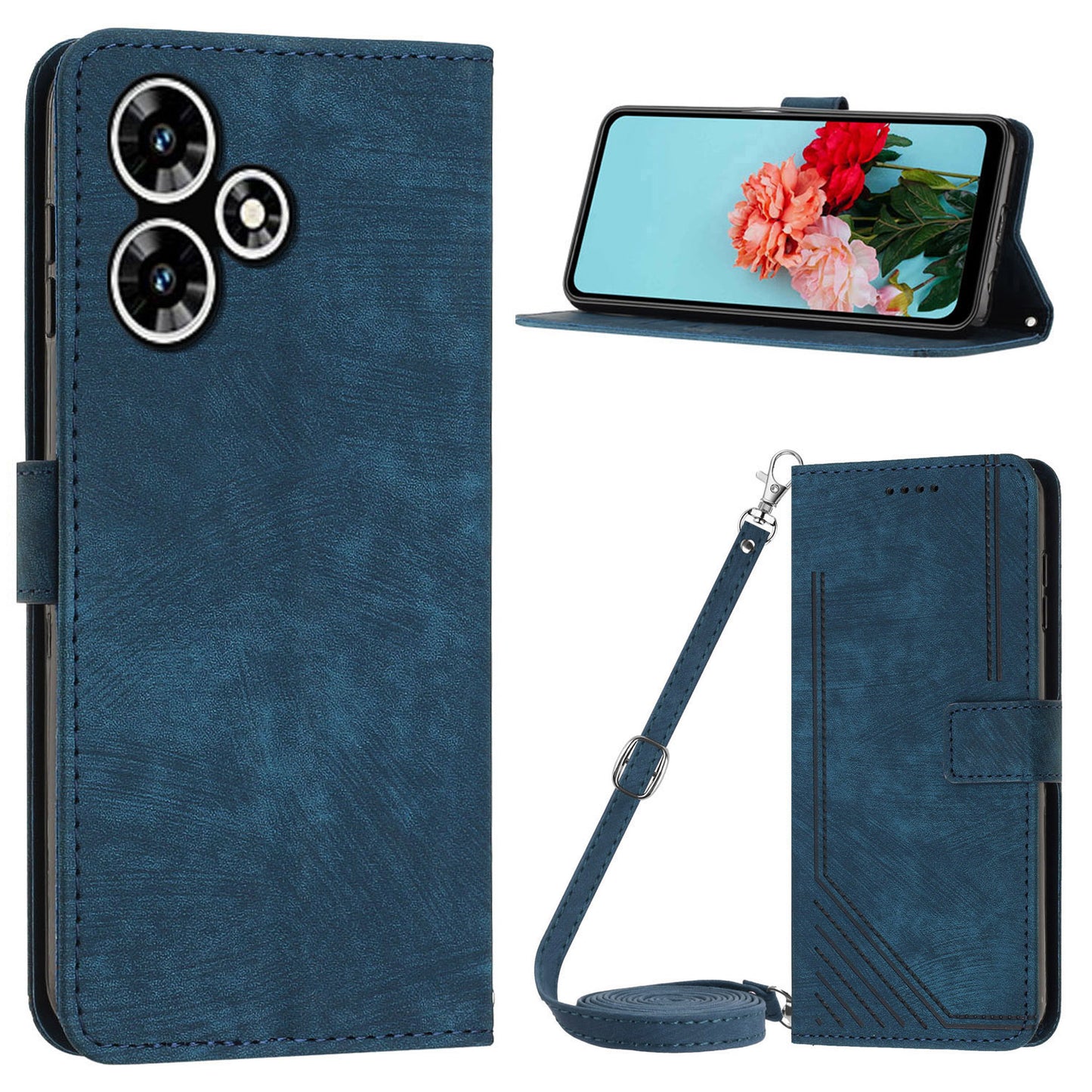 For Infinix Hot 30 Play NFC 4G Stand Wallet Phone Case PU Leather Lines Imprinted Cover with Shoulder Strap