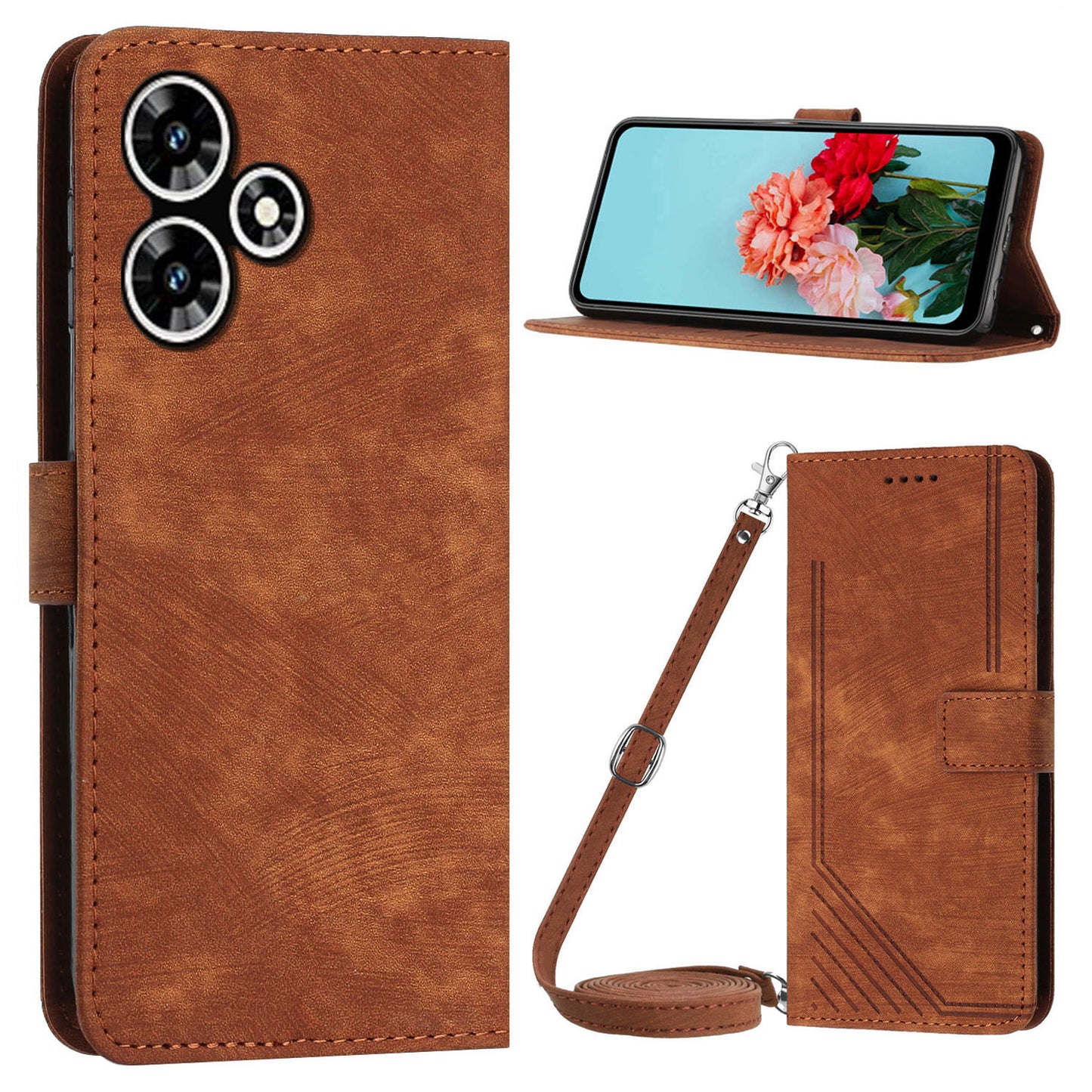 For Infinix Hot 30 Play NFC 4G Stand Wallet Phone Case PU Leather Lines Imprinted Cover with Shoulder Strap