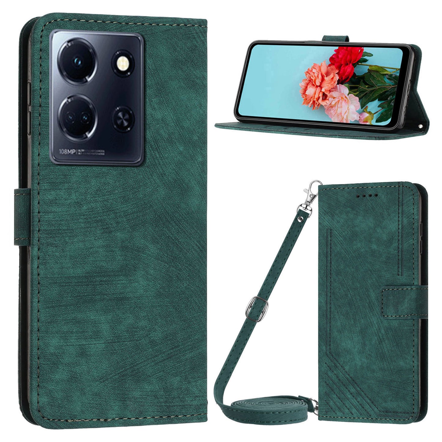 For Infinix Note 30 4G / Note 30 5G Phone Leather Case Lines Imprinted Stand Wallet Phone Cover with Shoulder Strap