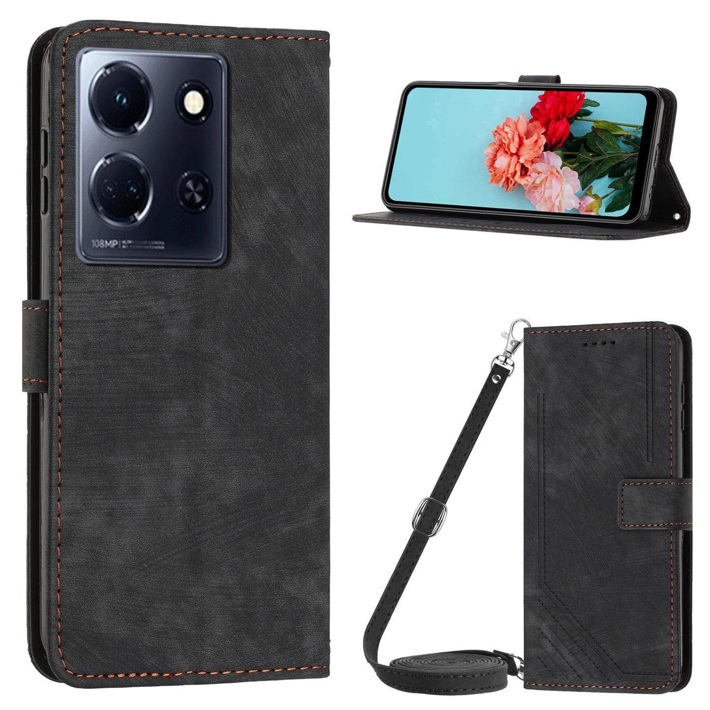 For Infinix Note 30 4G / Note 30 5G Phone Leather Case Lines Imprinted Stand Wallet Phone Cover with Shoulder Strap