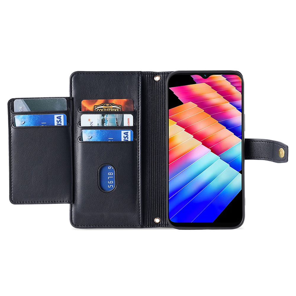 For Infinix Hot 30i Wallet Case Zipper Pocket Flip Stand PU Leather Phone Cover with Shoulder Strap and Wrist Strap