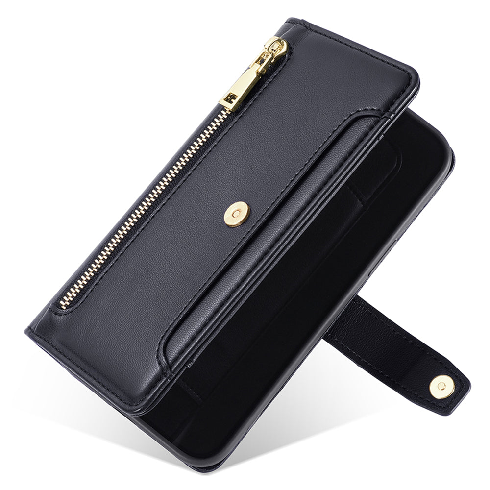 For Infinix Hot 30i Wallet Case Zipper Pocket Flip Stand PU Leather Phone Cover with Shoulder Strap and Wrist Strap