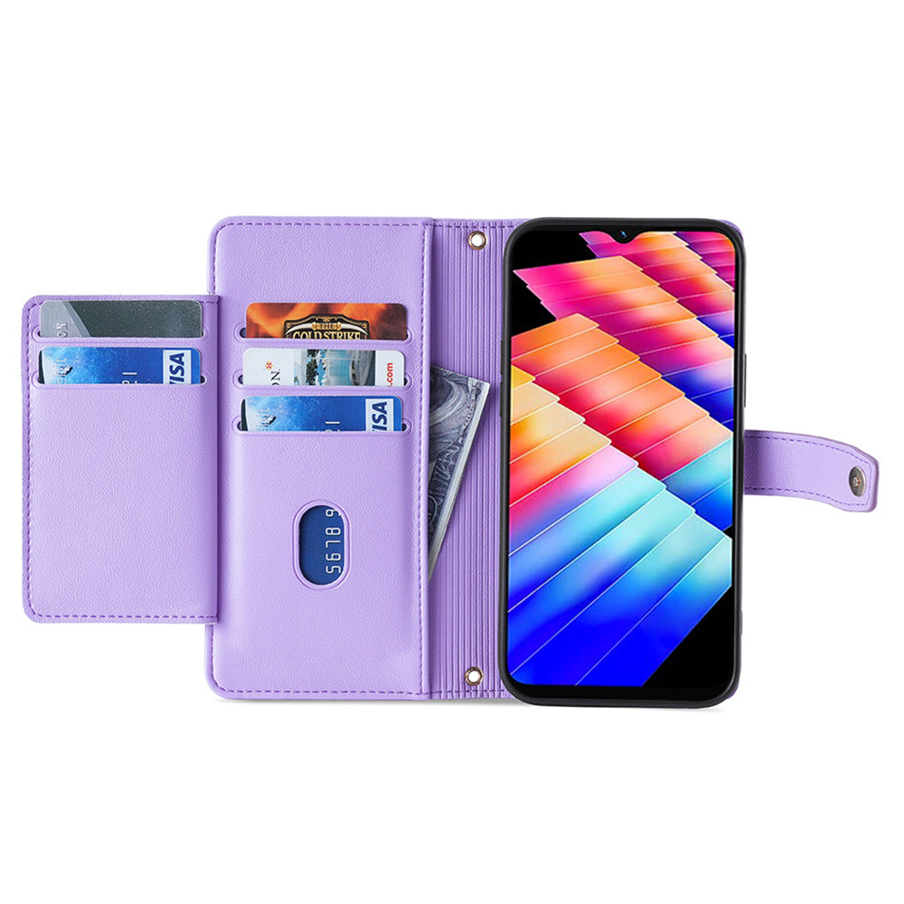 For Infinix Hot 30i Wallet Case Zipper Pocket Flip Stand PU Leather Phone Cover with Shoulder Strap and Wrist Strap