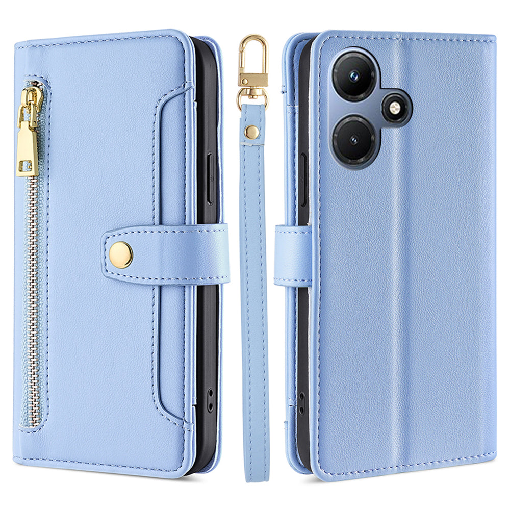 For Infinix Hot 30i Wallet Case Zipper Pocket Flip Stand PU Leather Phone Cover with Shoulder Strap and Wrist Strap