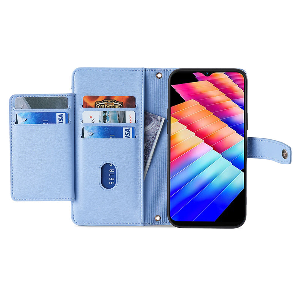 For Infinix Hot 30i Wallet Case Zipper Pocket Flip Stand PU Leather Phone Cover with Shoulder Strap and Wrist Strap