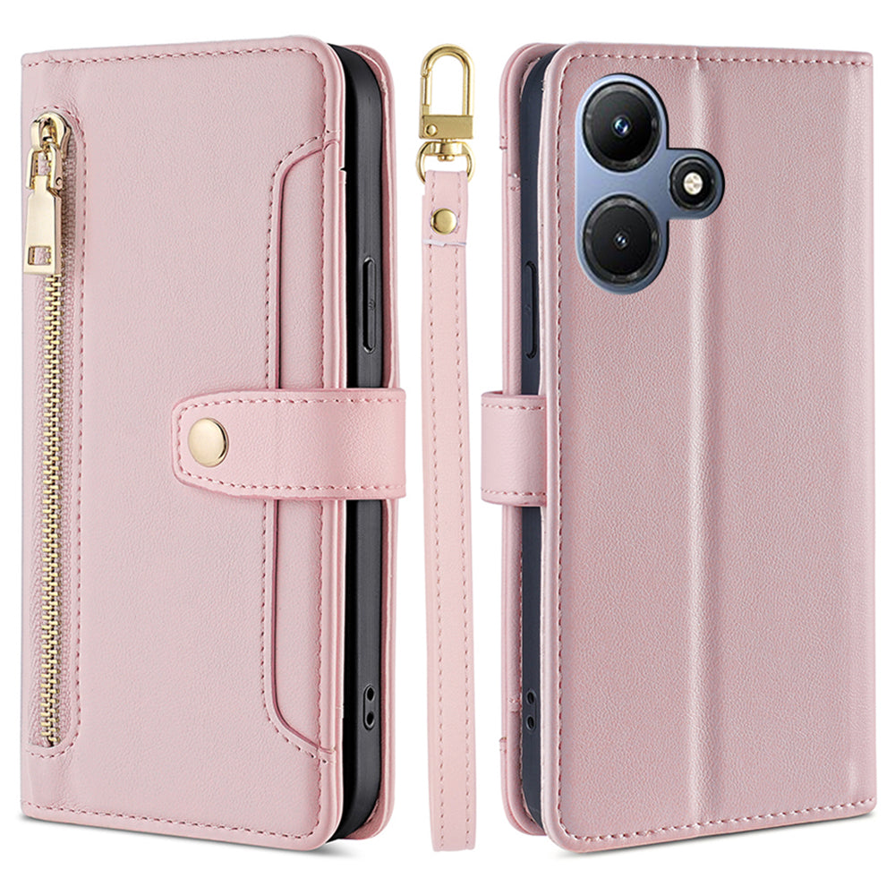 For Infinix Hot 30i Wallet Case Zipper Pocket Flip Stand PU Leather Phone Cover with Shoulder Strap and Wrist Strap