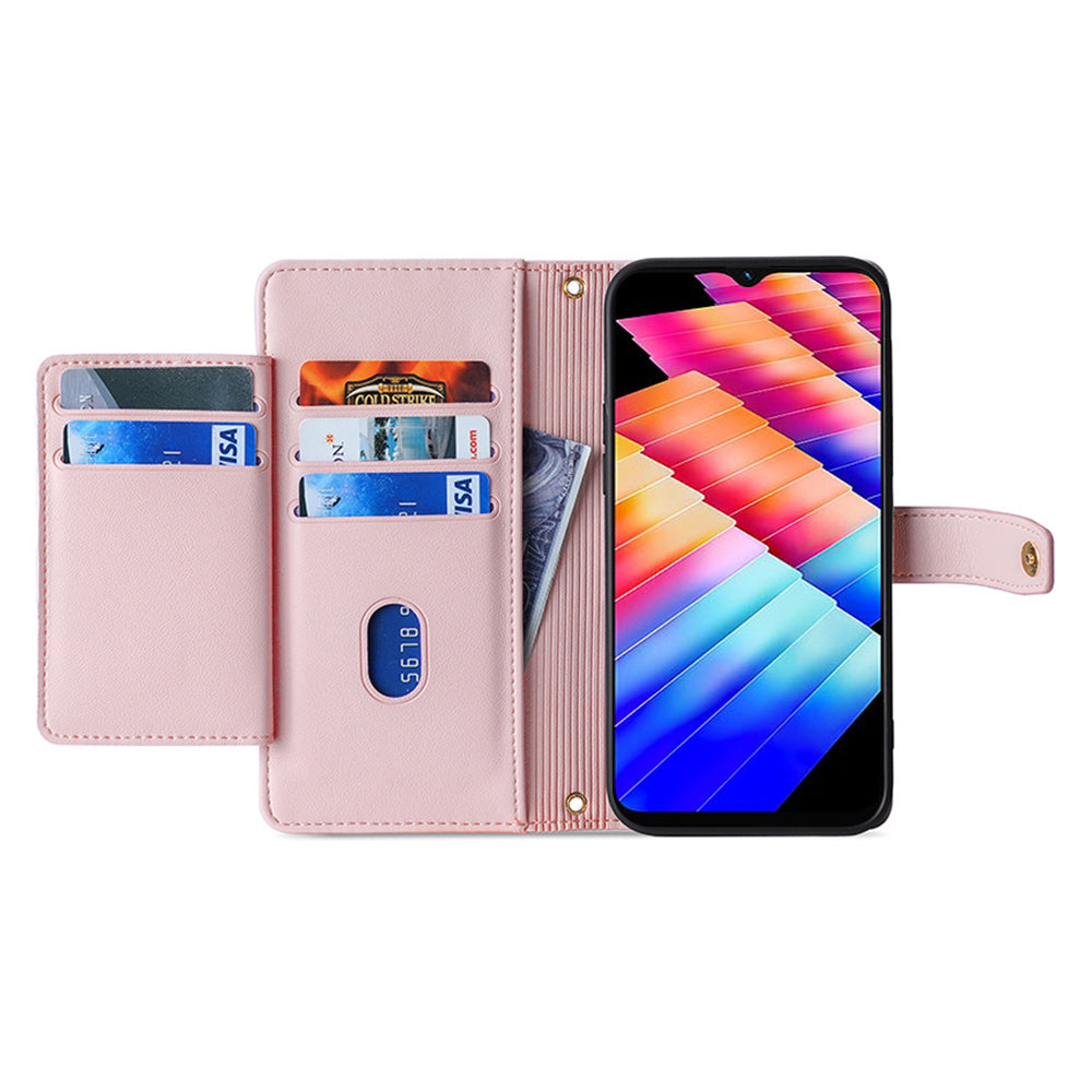 For Infinix Hot 30i Wallet Case Zipper Pocket Flip Stand PU Leather Phone Cover with Shoulder Strap and Wrist Strap