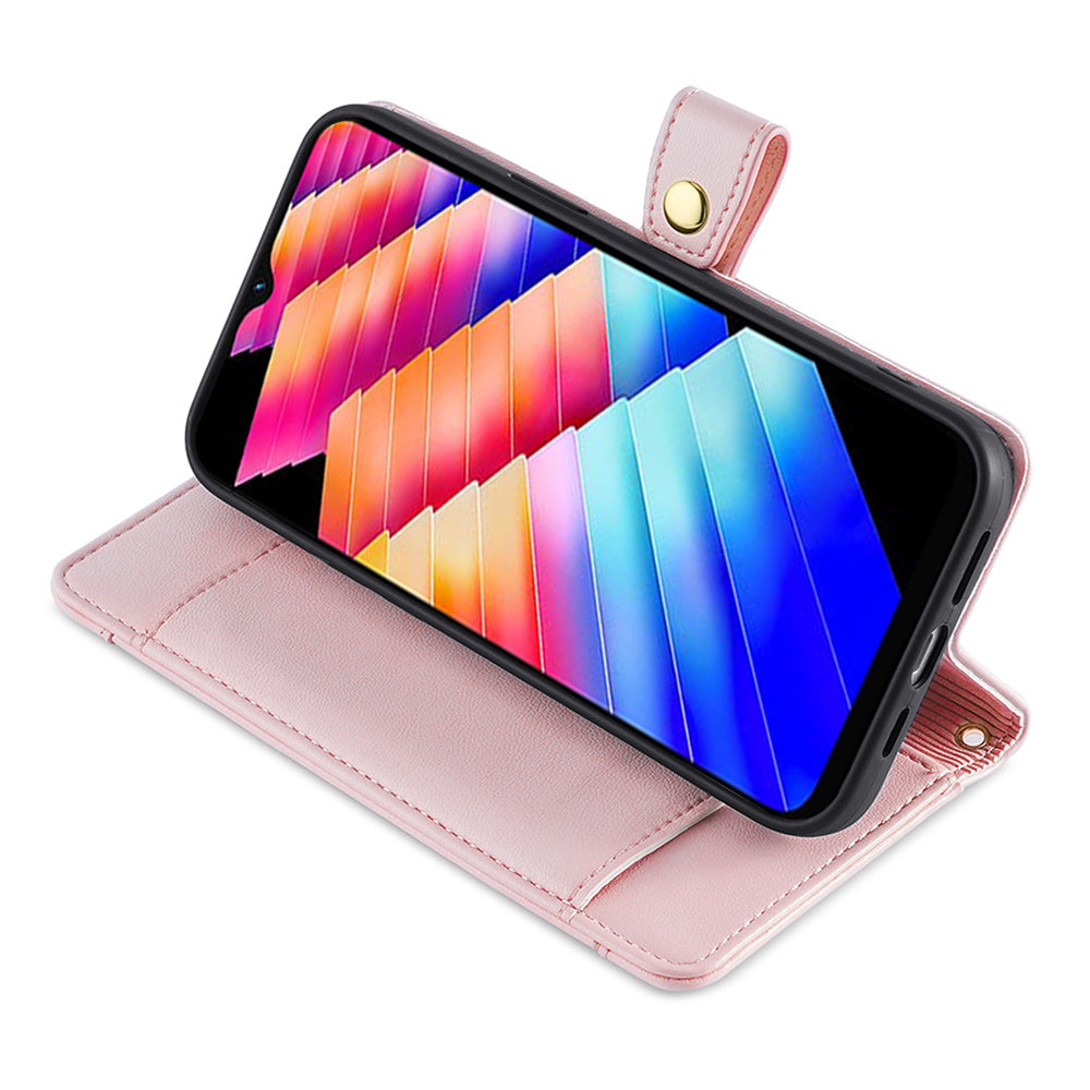 For Infinix Hot 30i Wallet Case Zipper Pocket Flip Stand PU Leather Phone Cover with Shoulder Strap and Wrist Strap