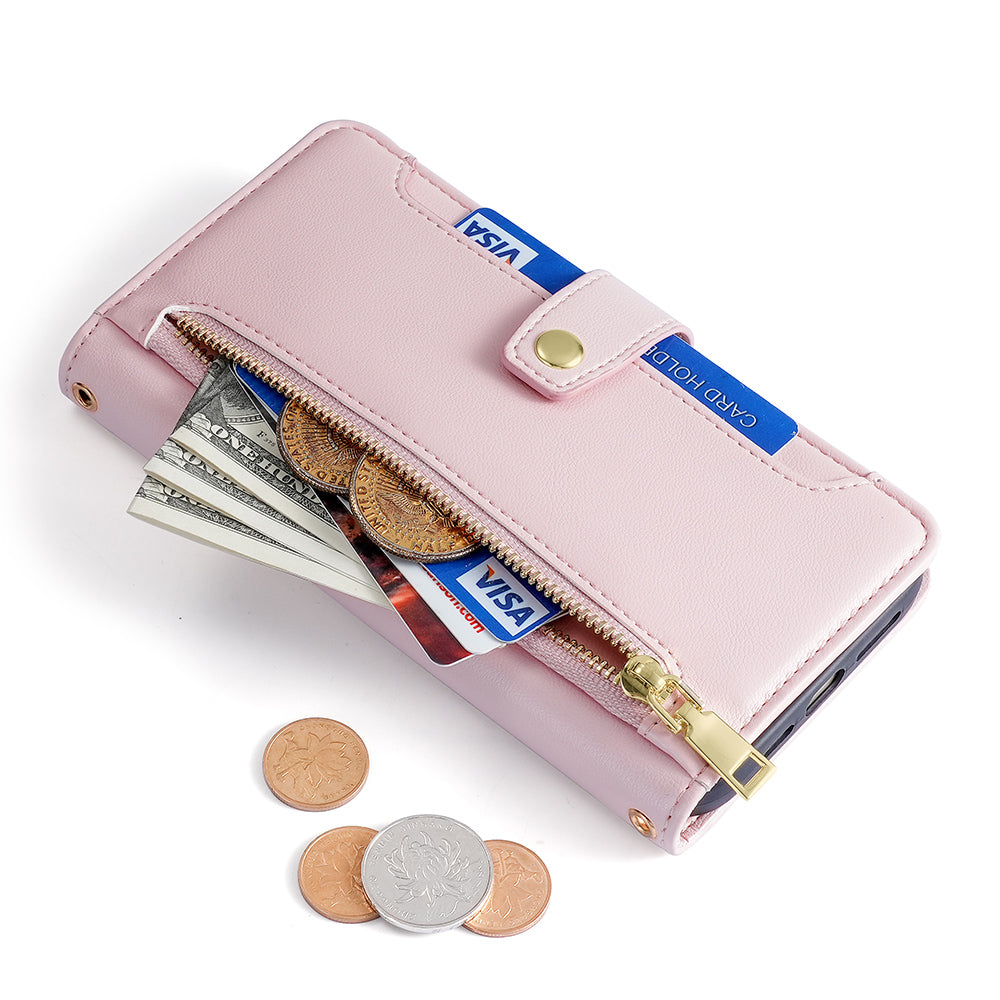 For Infinix Hot 30i Wallet Case Zipper Pocket Flip Stand PU Leather Phone Cover with Shoulder Strap and Wrist Strap