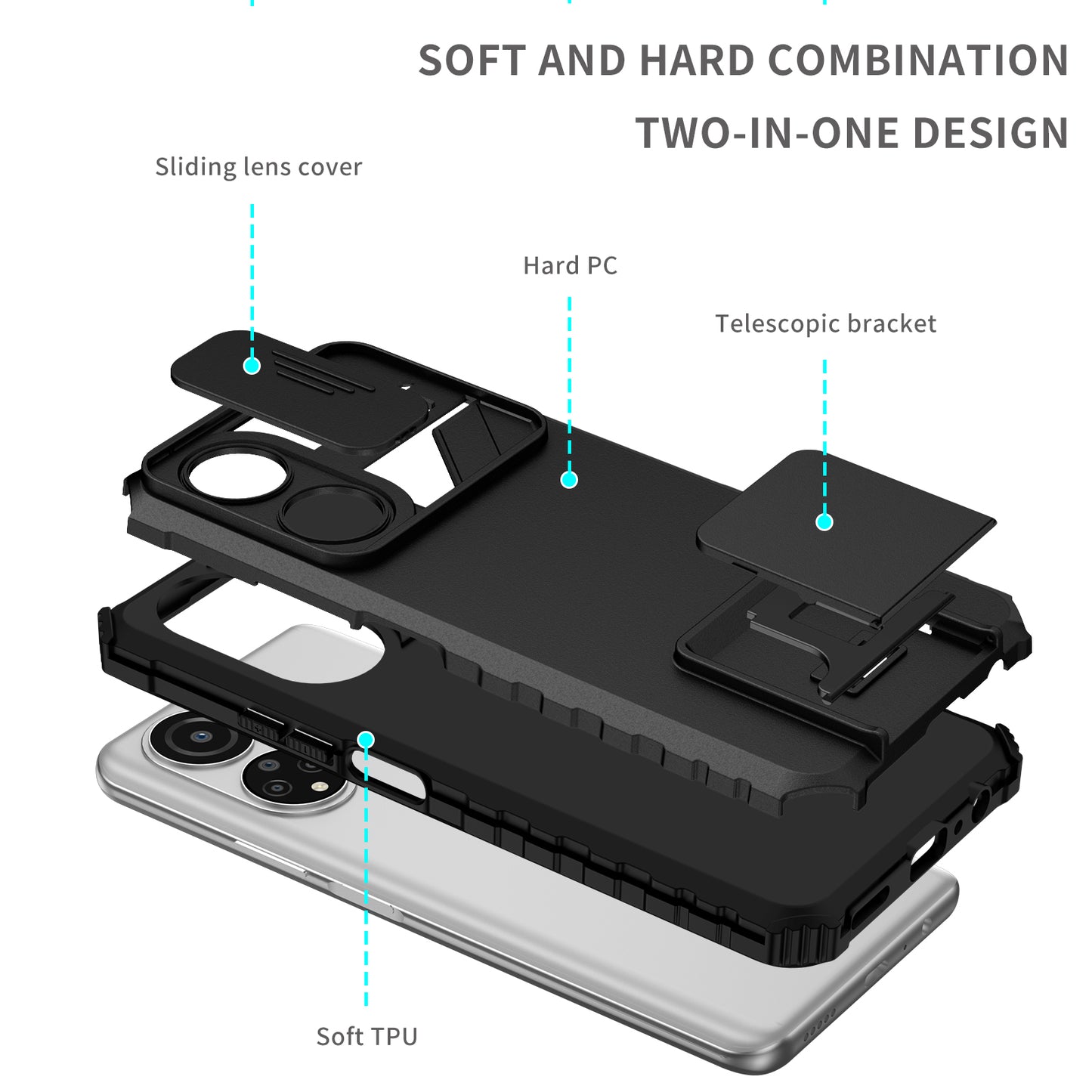 For Honor X7 Slide Camera Lid PC+TPU Cover Anti-drop Kickstand Phone Case