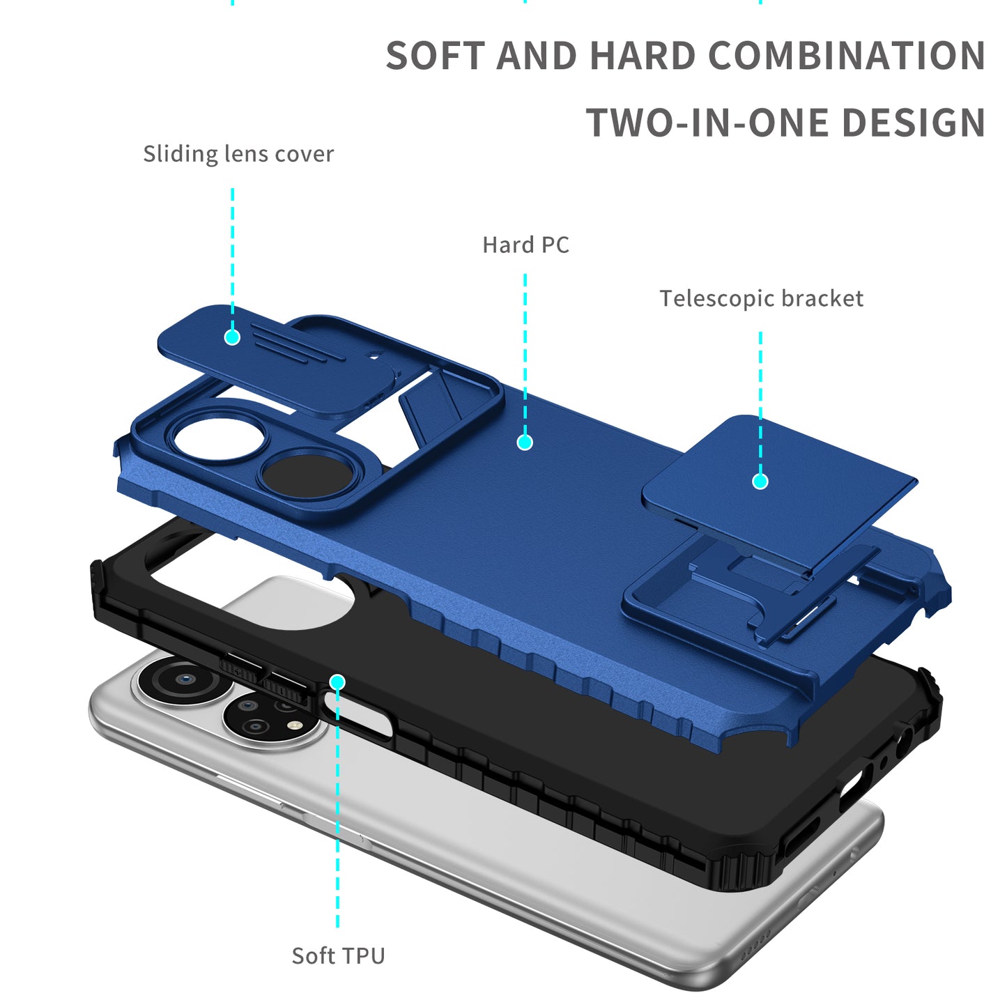 For Honor X7 Slide Camera Lid PC+TPU Cover Anti-drop Kickstand Phone Case