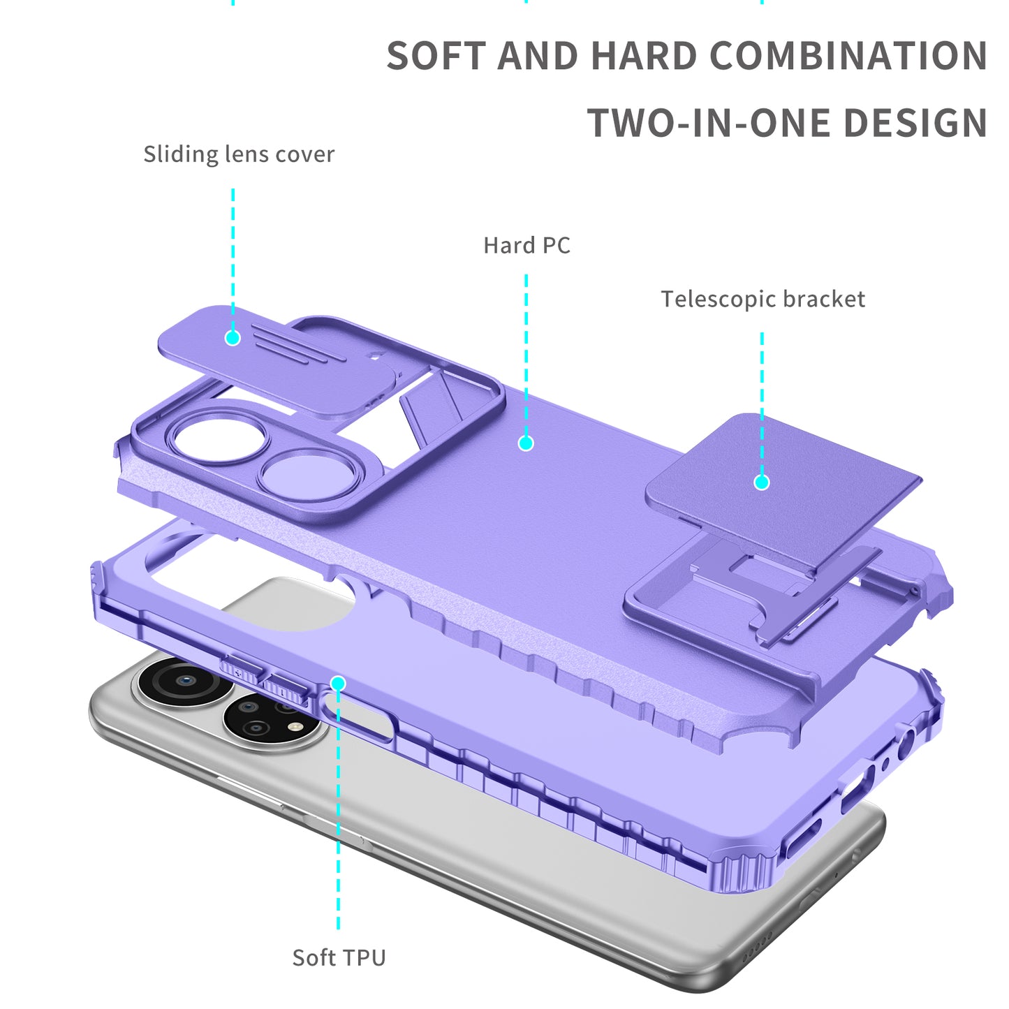 For Honor X7 Slide Camera Lid PC+TPU Cover Anti-drop Kickstand Phone Case