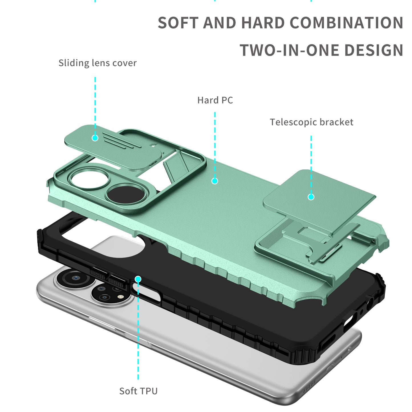 For Honor X7 Slide Camera Lid PC+TPU Cover Anti-drop Kickstand Phone Case