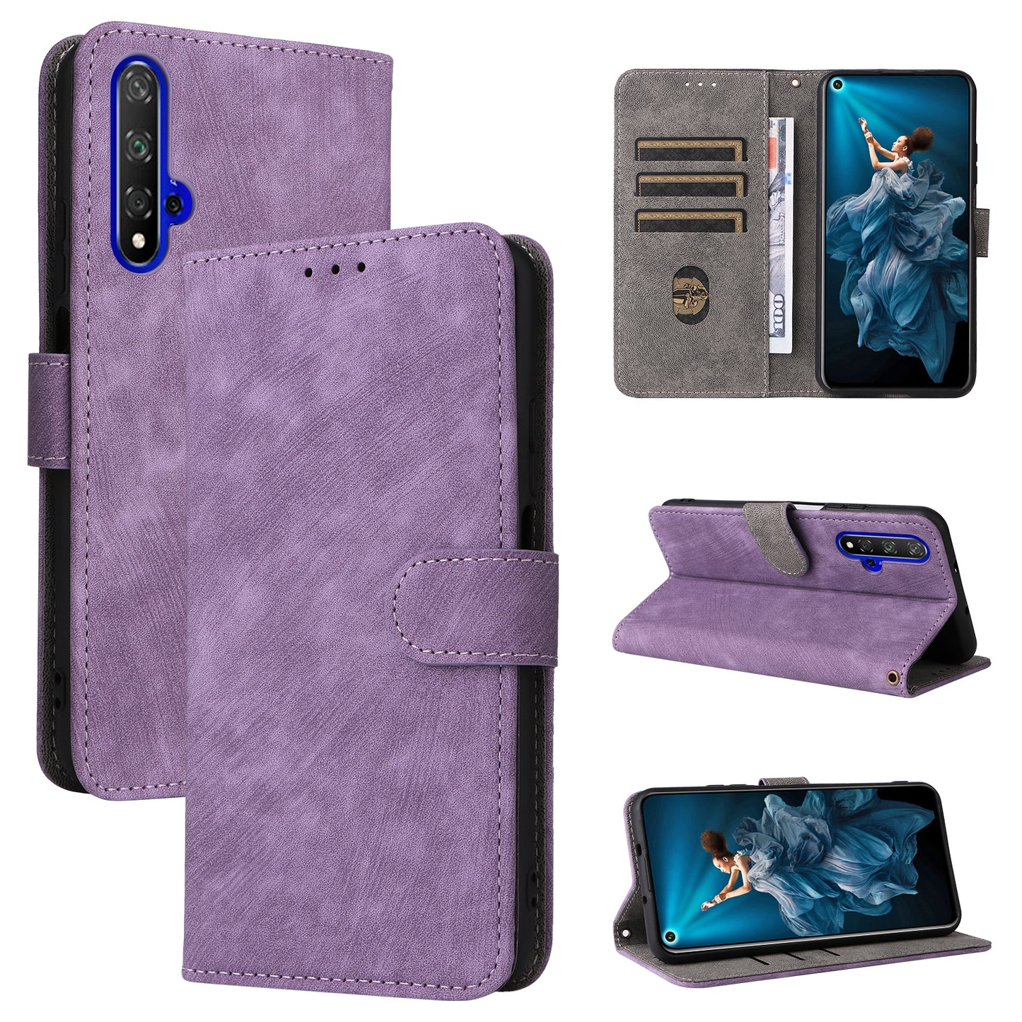 For Huawei nova 5T 4G / Honor 20 / 20S (For China) RFID Blocking Phone Case Wallet Stand PU Leather Cover with Strap