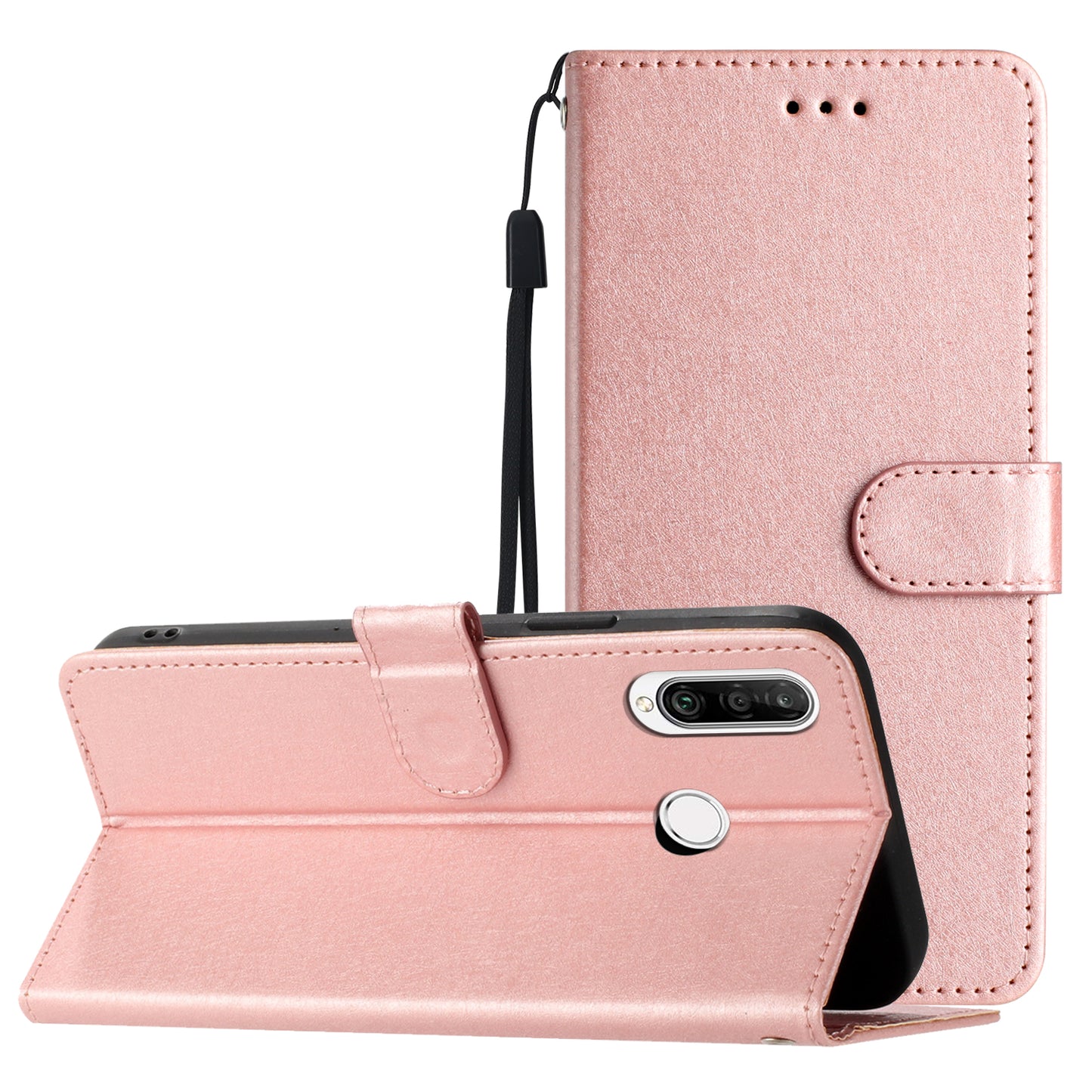 For Huawei P30 Lite Stand Flip Protective Cover PU Leather Silk Texture Wallet Phone Case with Strap