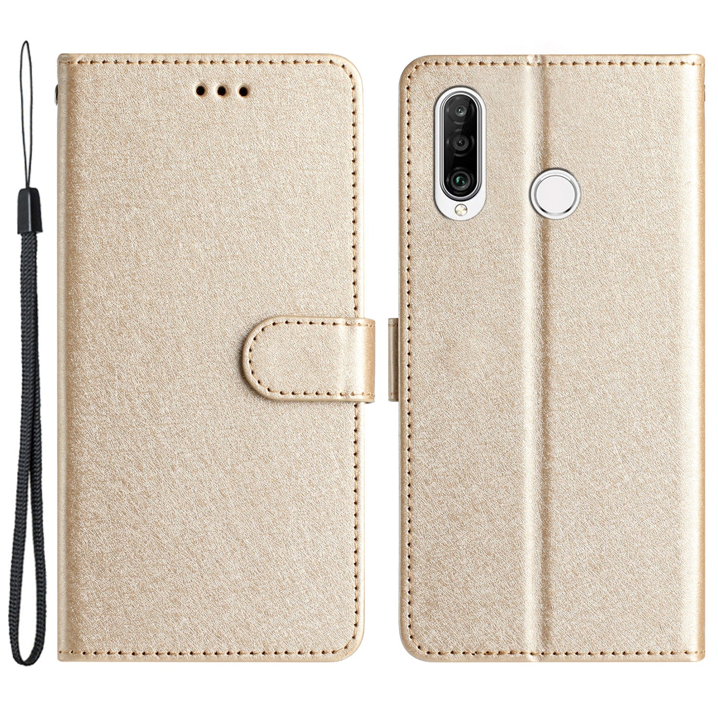 For Huawei P30 Lite Stand Flip Protective Cover PU Leather Silk Texture Wallet Phone Case with Strap