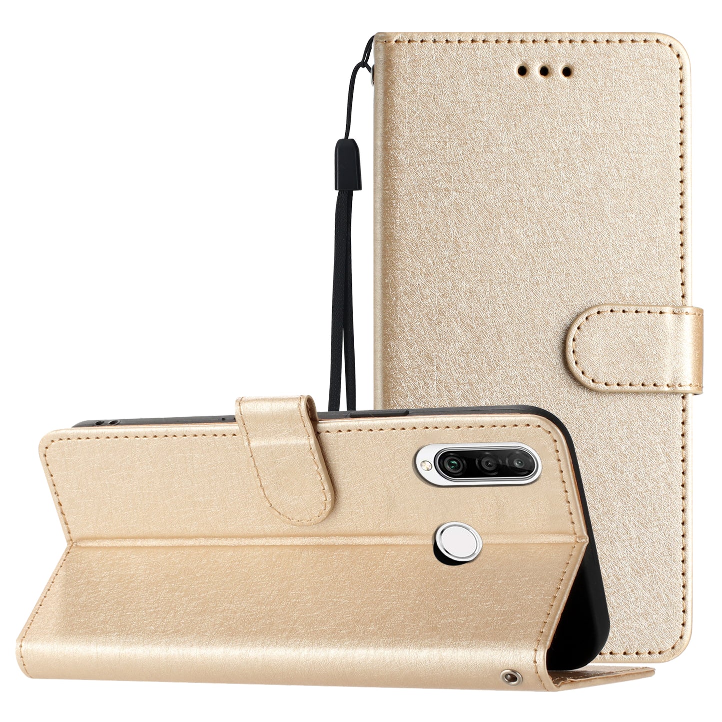 For Huawei P30 Lite Stand Flip Protective Cover PU Leather Silk Texture Wallet Phone Case with Strap
