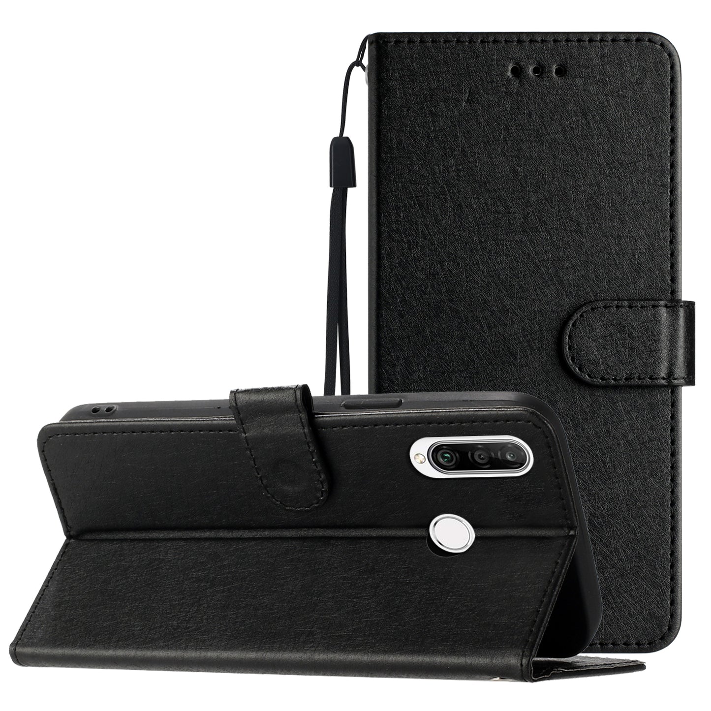 For Huawei P30 Lite Stand Flip Protective Cover PU Leather Silk Texture Wallet Phone Case with Strap