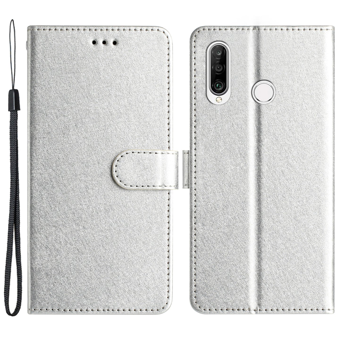 For Huawei P30 Lite Stand Flip Protective Cover PU Leather Silk Texture Wallet Phone Case with Strap