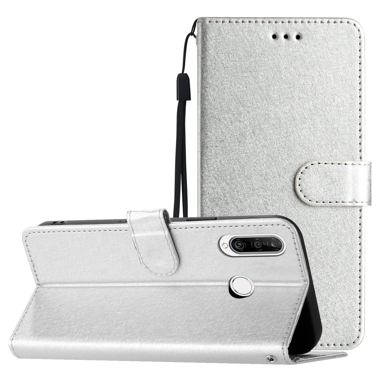 For Huawei P30 Lite Stand Flip Protective Cover PU Leather Silk Texture Wallet Phone Case with Strap