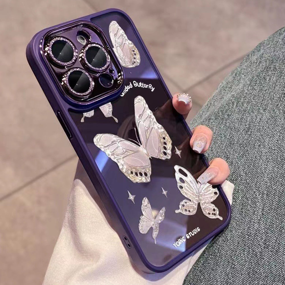 Platinum Butterfly Glass+TPU Phone Case for iPhone 12 Pro Max , Glittery Powder Decor Shell Phone Cover