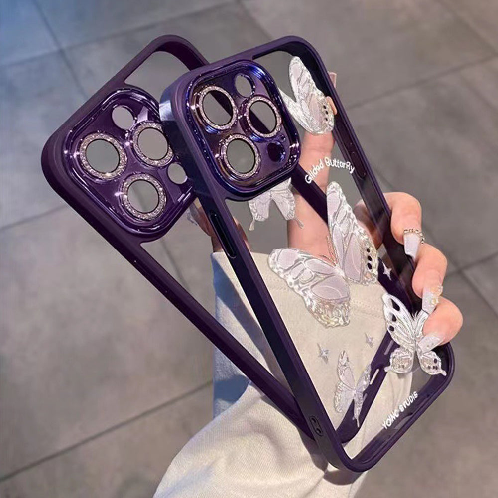 Platinum Butterfly Glass+TPU Phone Case for iPhone 12 Pro Max , Glittery Powder Decor Shell Phone Cover