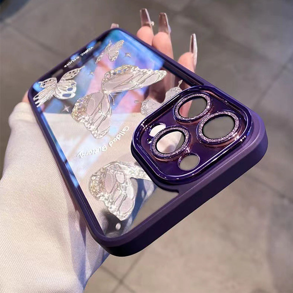 Platinum Butterfly Glass+TPU Phone Case for iPhone 12 Pro Max , Glittery Powder Decor Shell Phone Cover