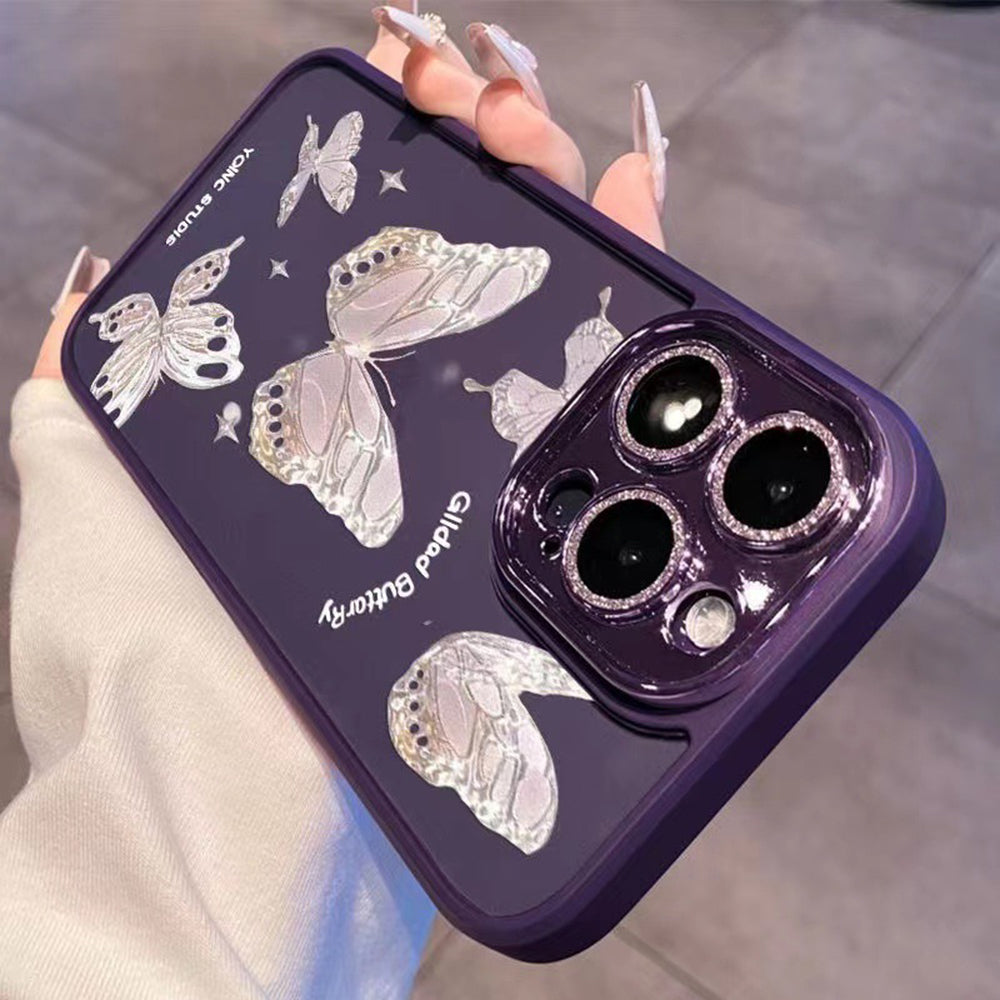 Platinum Butterfly Glass+TPU Phone Case for iPhone 12 Pro Max , Glittery Powder Decor Shell Phone Cover