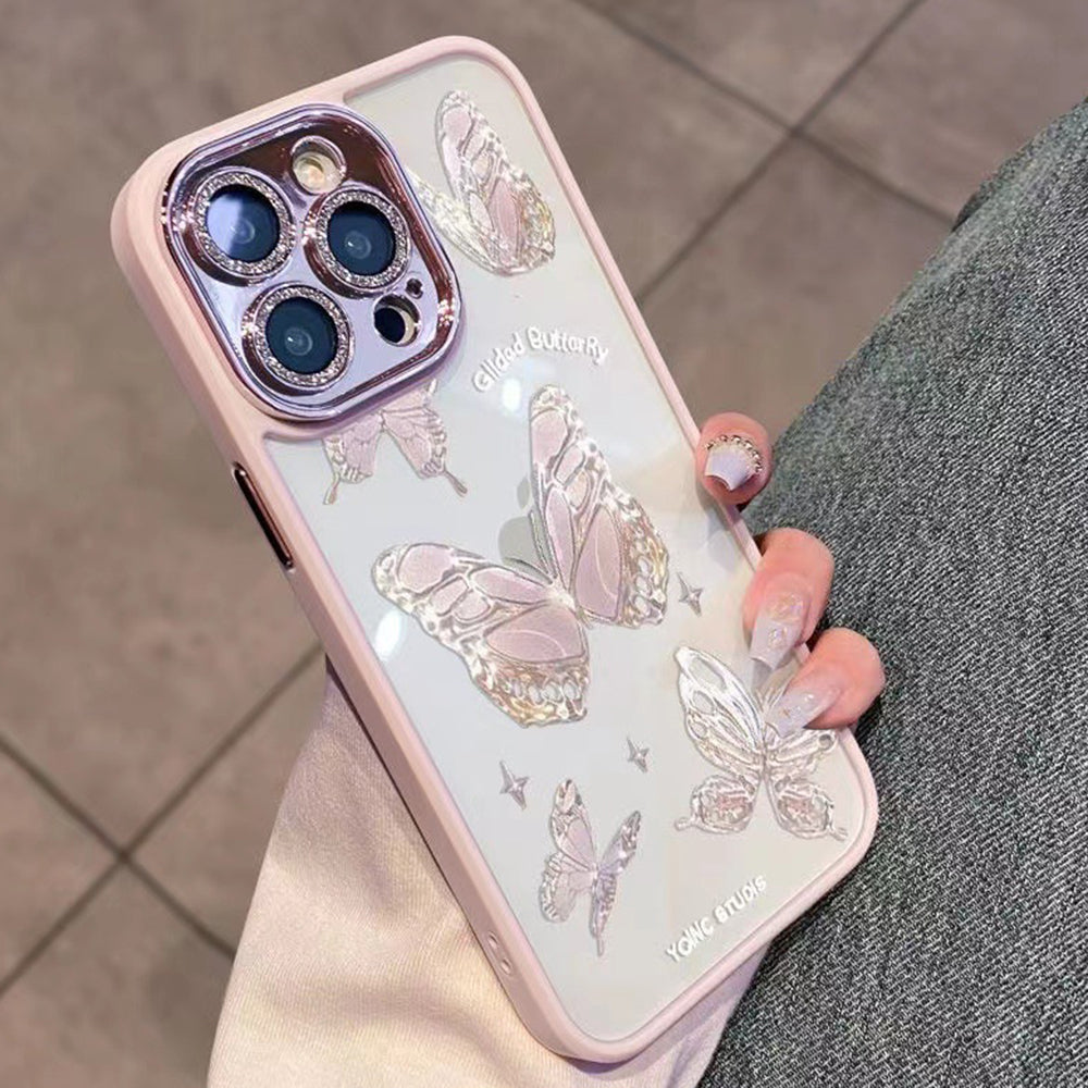 Platinum Butterfly Glass+TPU Phone Case for iPhone 12 Pro Max , Glittery Powder Decor Shell Phone Cover