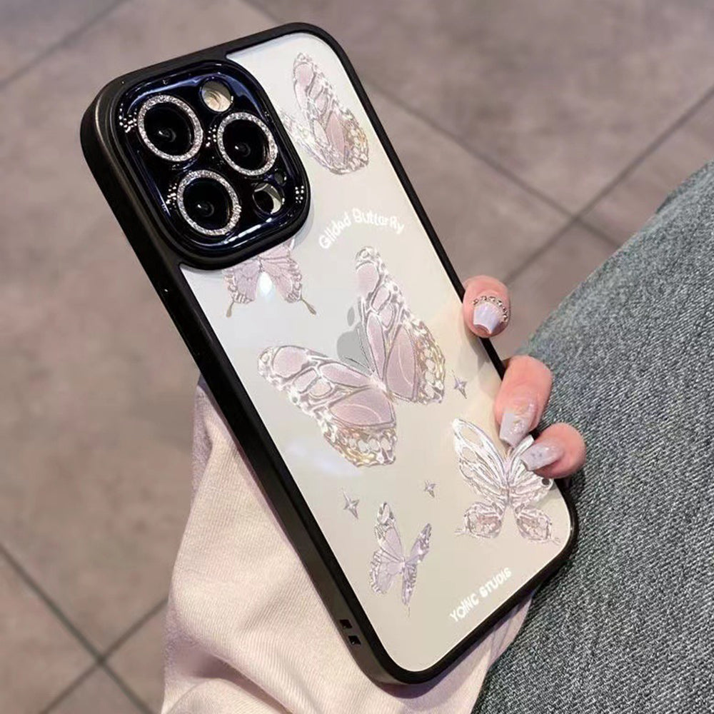 Platinum Butterfly Glass+TPU Phone Case for iPhone 12 Pro Max , Glittery Powder Decor Shell Phone Cover