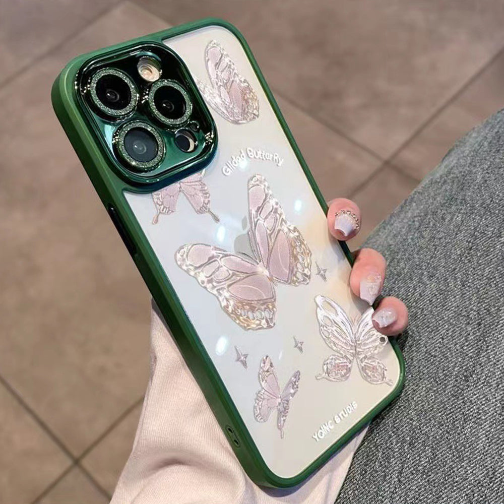 Platinum Butterfly Glass+TPU Phone Case for iPhone 12 Pro Max , Glittery Powder Decor Shell Phone Cover