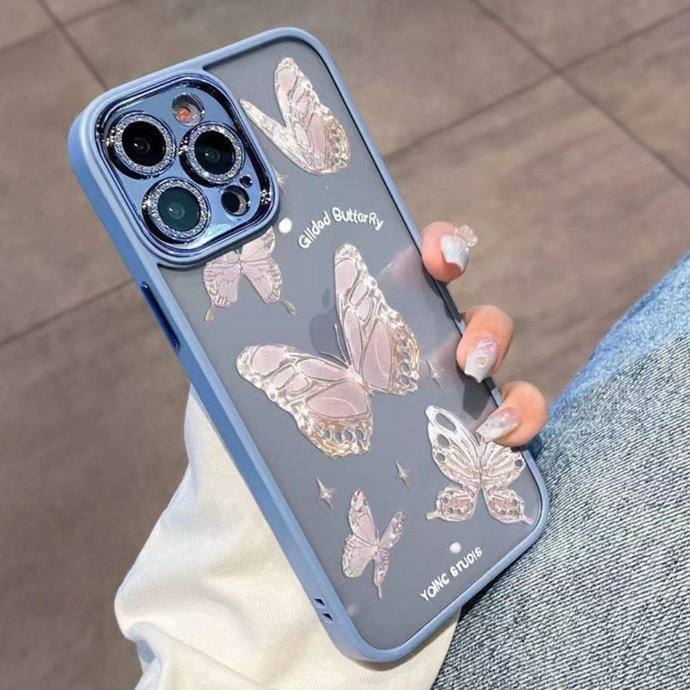 Platinum Butterfly Glass+TPU Phone Case for iPhone 12 Pro Max , Glittery Powder Decor Shell Phone Cover
