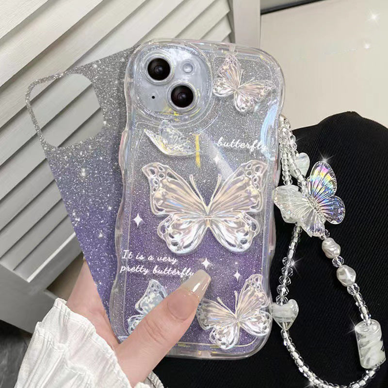 For iPhone 14 Gradient Glitter Wavy Edge Phone Case Butterfly Pattern TPU Cover with Chain