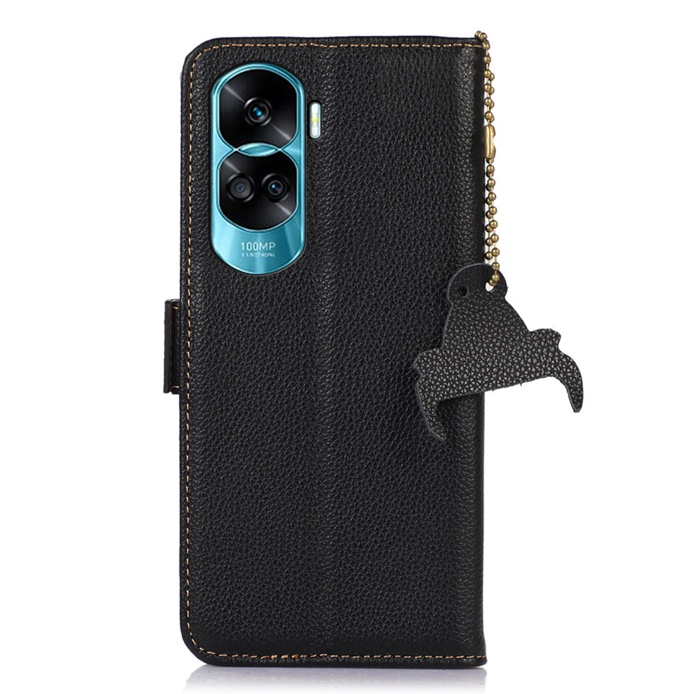 For Honor 90 Lite 5G / X50i RFID Blocking Phone Case Stand Wallet Genuine Cow Leather Litchi Texture Cover