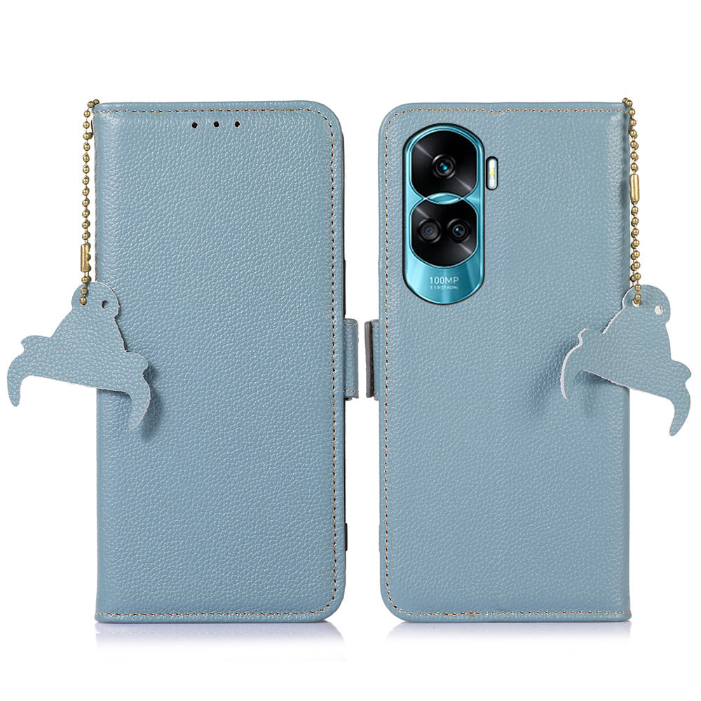 For Honor 90 Lite 5G / X50i RFID Blocking Phone Case Stand Wallet Genuine Cow Leather Litchi Texture Cover