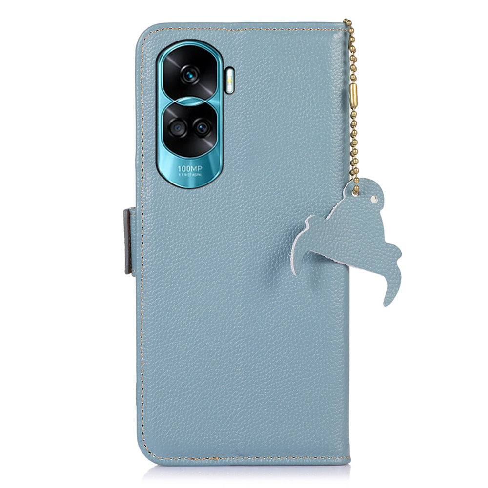 For Honor 90 Lite 5G / X50i RFID Blocking Phone Case Stand Wallet Genuine Cow Leather Litchi Texture Cover