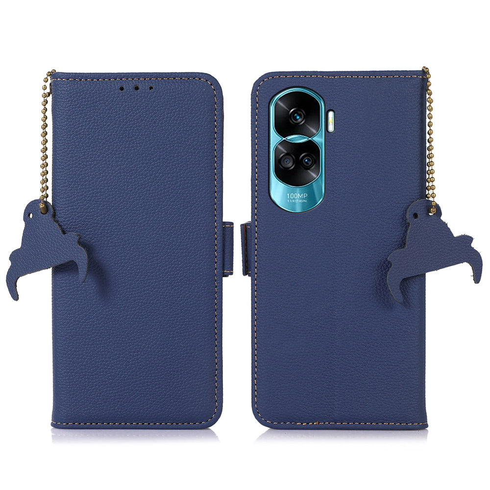 For Honor 90 Lite 5G / X50i RFID Blocking Phone Case Stand Wallet Genuine Cow Leather Litchi Texture Cover