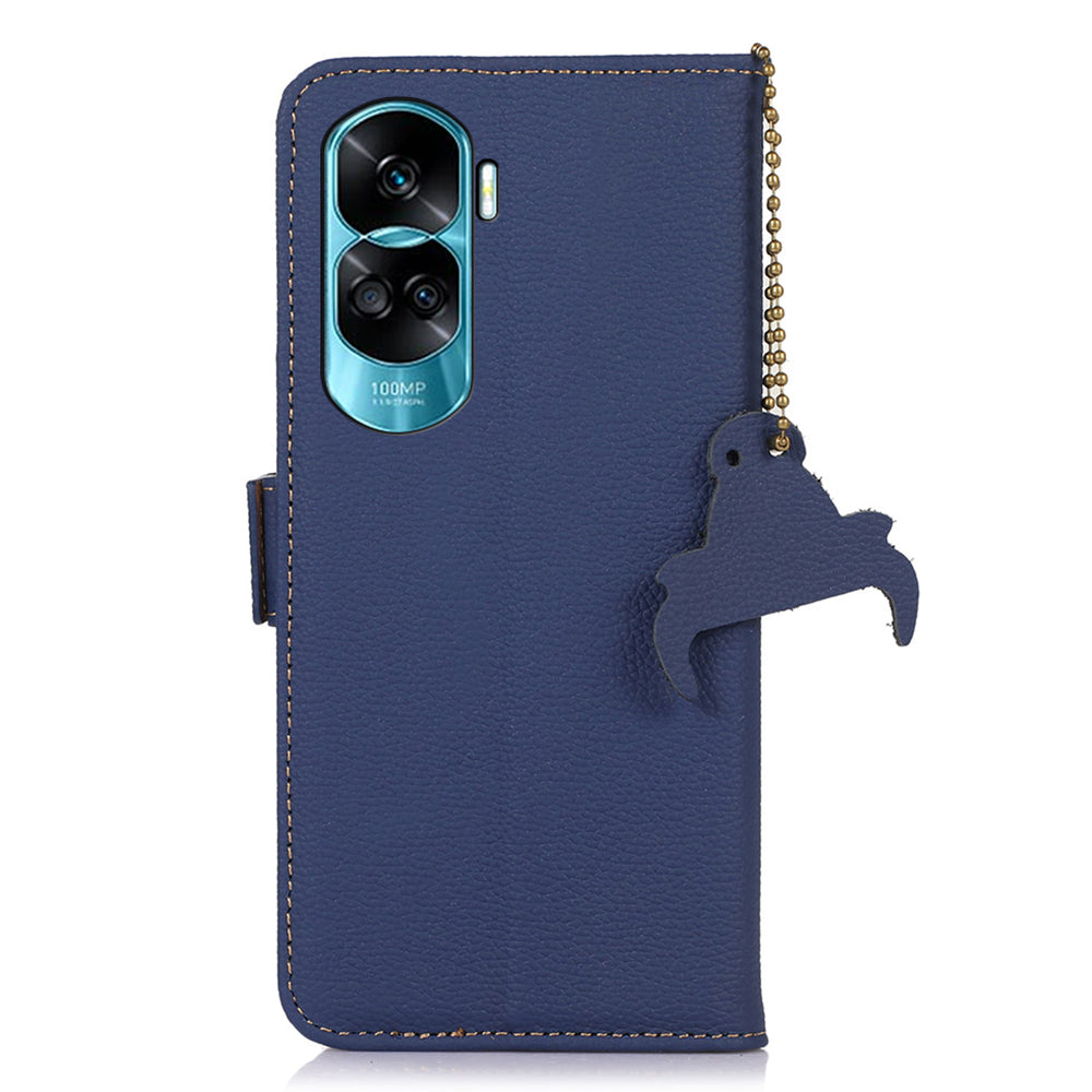 For Honor 90 Lite 5G / X50i RFID Blocking Phone Case Stand Wallet Genuine Cow Leather Litchi Texture Cover