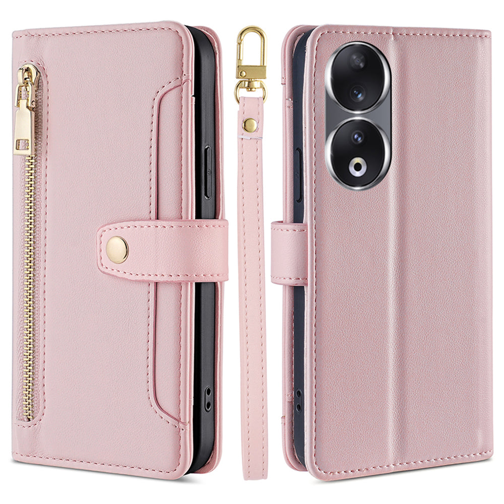For Honor 90 Zipper Pocket Phone Leather Case Multiple Card Slots Anti-drop Cover with Straps