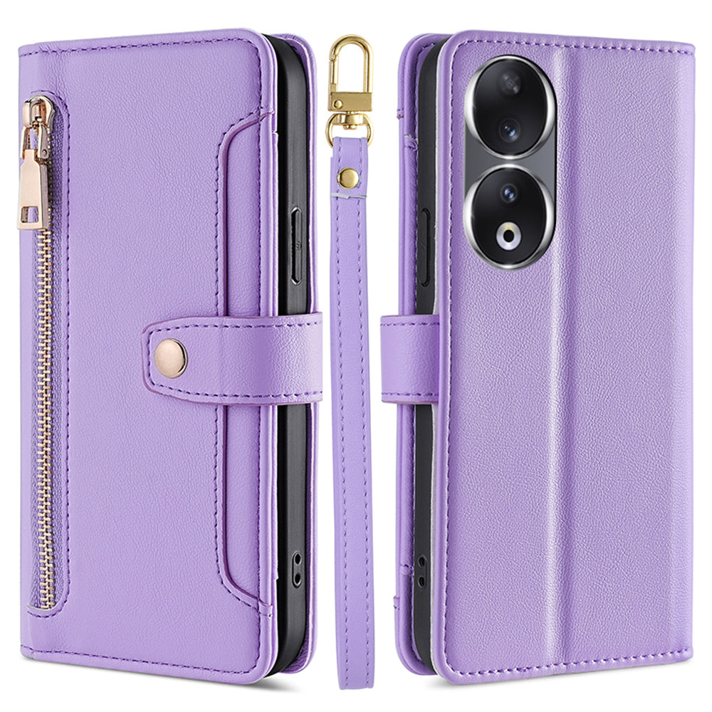 For Honor 90 Zipper Pocket Phone Leather Case Multiple Card Slots Anti-drop Cover with Straps