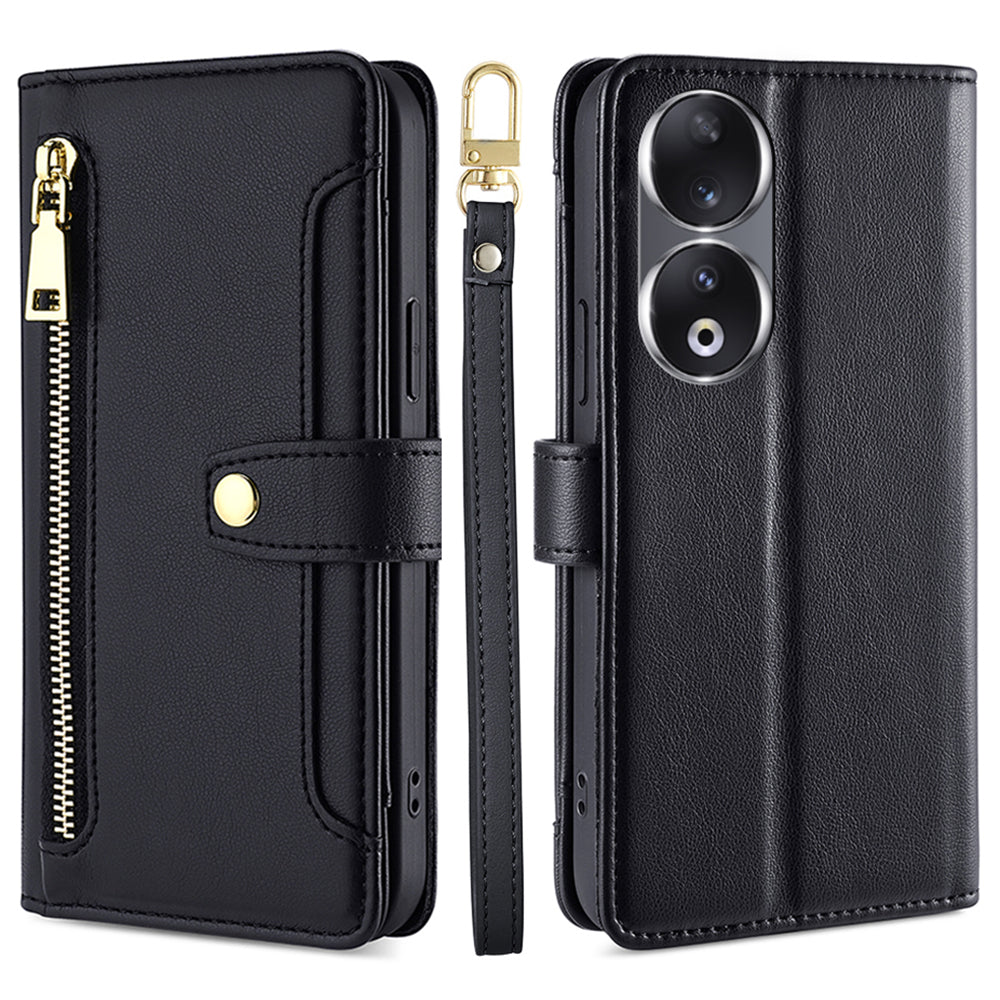 For Honor 90 Zipper Pocket Phone Leather Case Multiple Card Slots Anti-drop Cover with Straps
