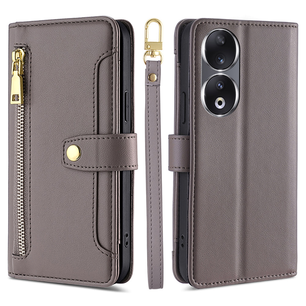 For Honor 90 Zipper Pocket Phone Leather Case Multiple Card Slots Anti-drop Cover with Straps