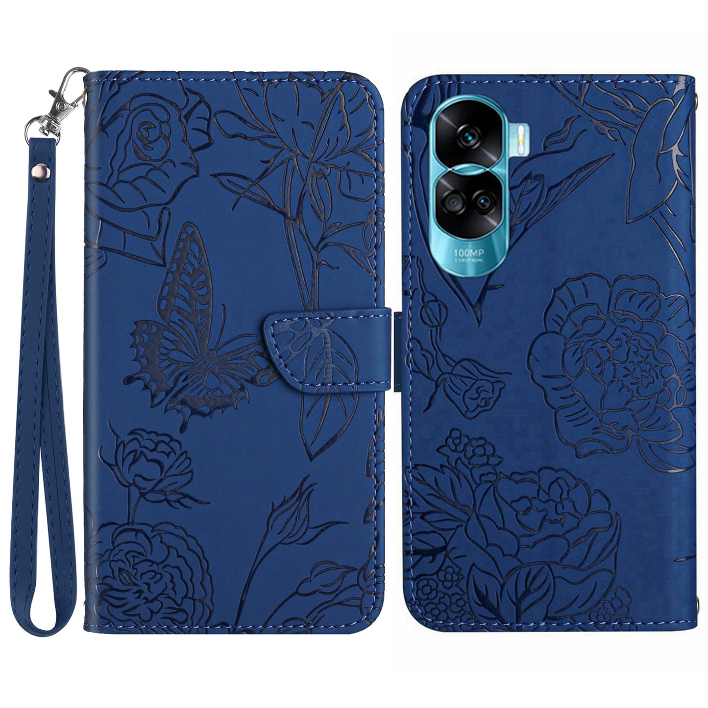 HT03 For Honor 90 Lite 5G / X50i 5G Phone Wallet Case PU Leather Imprinted Butterfly Flowers Stand Cover with Hand Strap