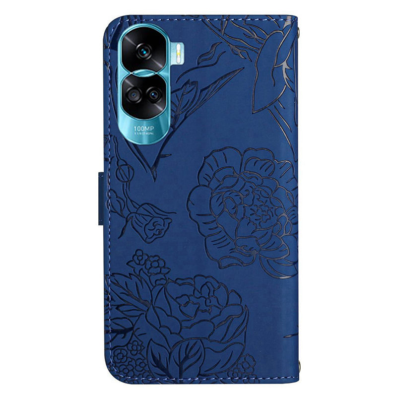 HT03 For Honor 90 Lite 5G / X50i 5G Phone Wallet Case PU Leather Imprinted Butterfly Flowers Stand Cover with Hand Strap